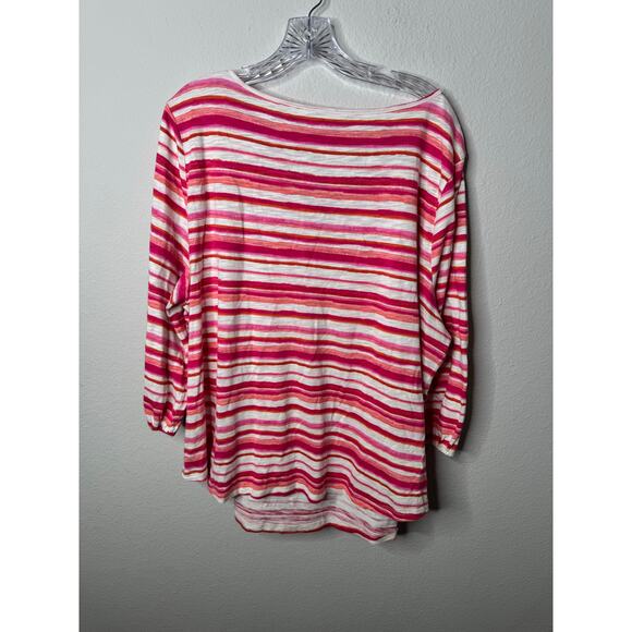 Talbots Plus 2X Pink Striped Tie Neck Top Cotton Modal 3/4 Sleeve Boho Blouse - Picture 2 of 6